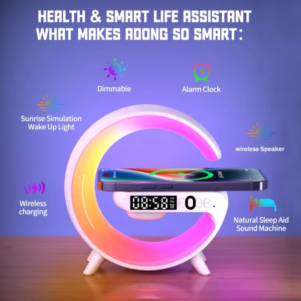 Standing Wireless Charger & Alarm Clock w/ Bluetooth Speaker for iPhone/Samsung
